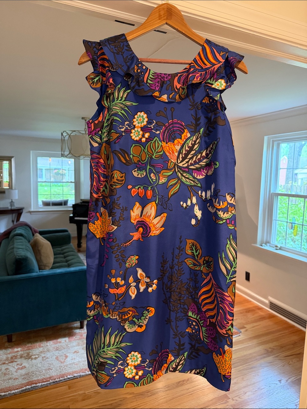 J. Crew Royal Blue Floral Ruffle-Trim Mini Dress